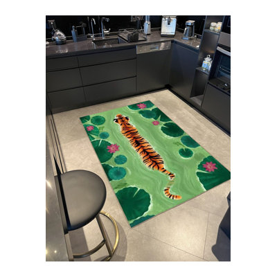 Tapis décoratif vert à motif de lac et de tigres vert