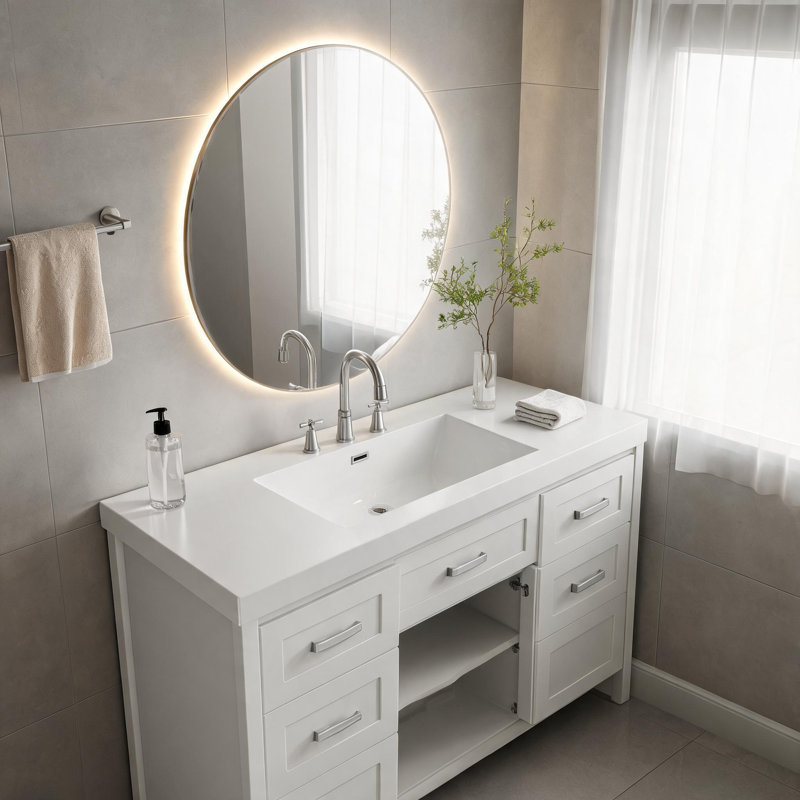 Plan de toilette en résine blanc lustré de 47 pouces avec lavabo intégré et trois trous pour robinetterie