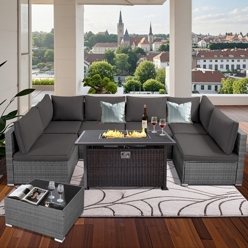 Ensemble de canapé d'extérieur en osier 7 pièces avec table de foyer et coussins PE 7 pièces, Rouge