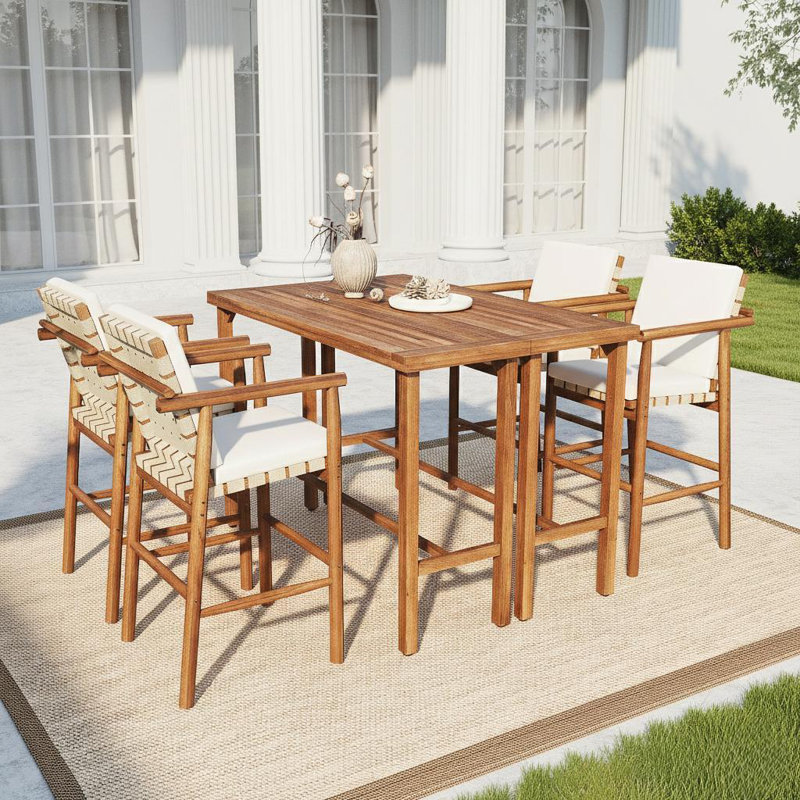 Ensemble de bar d'extérieur en bois d'acacia 6 pièces - 6 tables de bar et 4 tabourets avec coussins