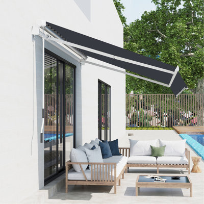 8' X 7' Patio Sunshade Awning - Black Manual Retractable. Adjust To Cut Down Sun & Heat, Works On Various Surfaces, Robust Aluminum Steel Frame, Cover Impact