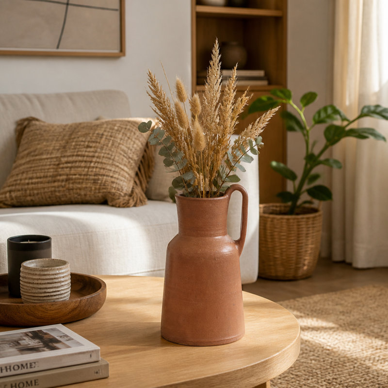 Pichet moderne en terre cuite avec anse, vase décoratif haut pour la décoration intérieure, 33 cm, rouge et orange.