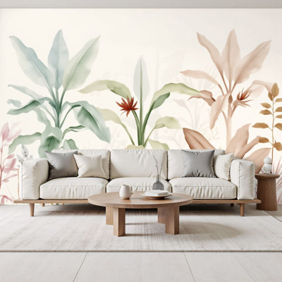 Papier peint adhésif moderne avec plantes tropicales pastel, feuilles de bananier, Heliconia, peintures murales modernes douces, H 100 po x l 144 po, papier peint amovible en PVC, adhésif mural pour le salon de la chambre à coucher