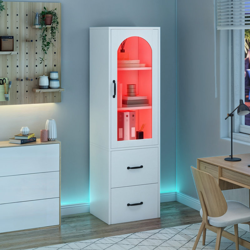Marcita 2 Drawer File Cabinet, Filing Cabinet With Glass Doors And LED Light