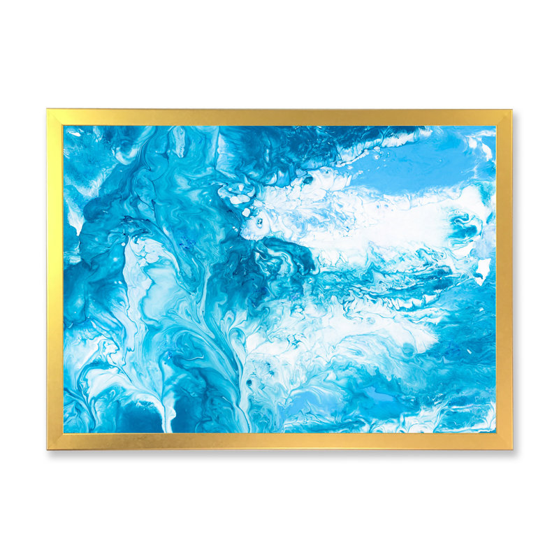 Art liquide en bleu clair et turquoise - Peinture sur toile, H 25,5 po x l 33,5 po x P 1 po, Cadre doré