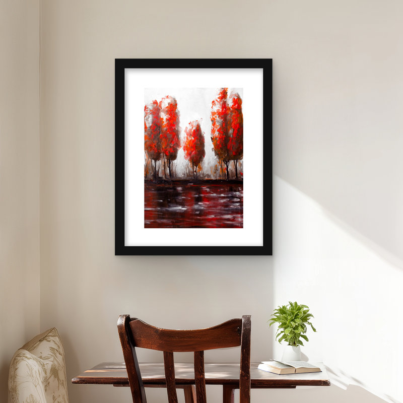 Red Trees by the Lake - reproduction encadrée mat pour décoration intérieure