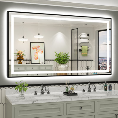 Matte Black Matel Framed LED Bathroom Mirror with Front-lit and Back-lit, Memory Function, 3 Color Temperatures & Dimmable Light, Anti-fog Tempered Glass