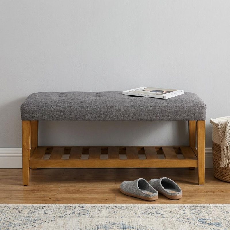 Banc de rangement en bois massif et en tissu de 40 po Gracie Mills, Gris, Gris