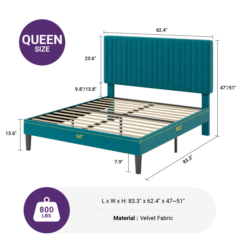 Velvet Upholstered Platform Bed With Adjustable Vertical Channel Tufted Headboard, Queen, Teal
