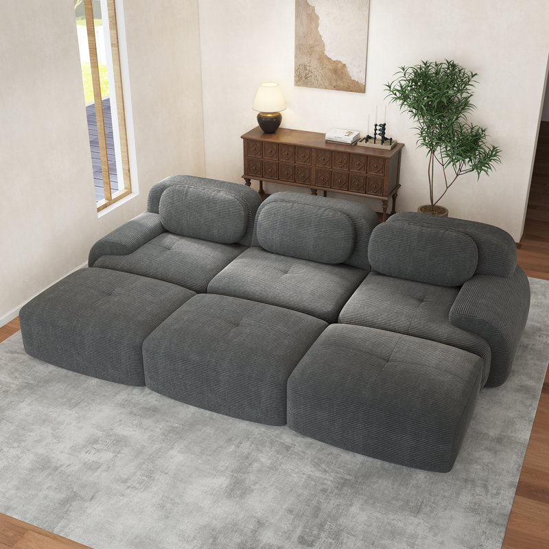 Boneless Three-Seat Modular Sofa With 3 Ottomans Corduroy Fabric 32D High-Resilience Sponge Living Rooms Media Rooms
