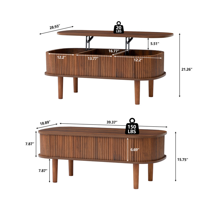 39.37'' W Oval Lift Top Coffee Table With Storage, Walnut