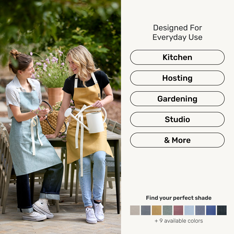 100% Pure Linen Apron - Classic Linen Apron, 33 x 30 in, Chambray Black / Black