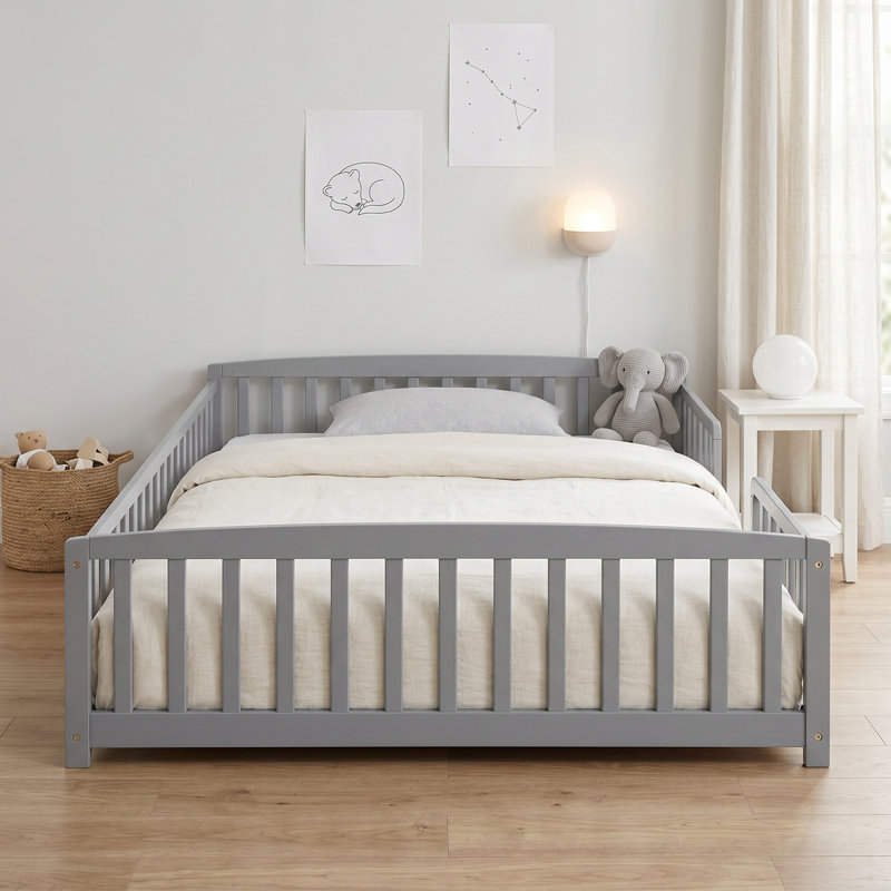 Lit d'enfant en bois massif avec garde-corps et entrée centrale, sans lattes, Full, Gray