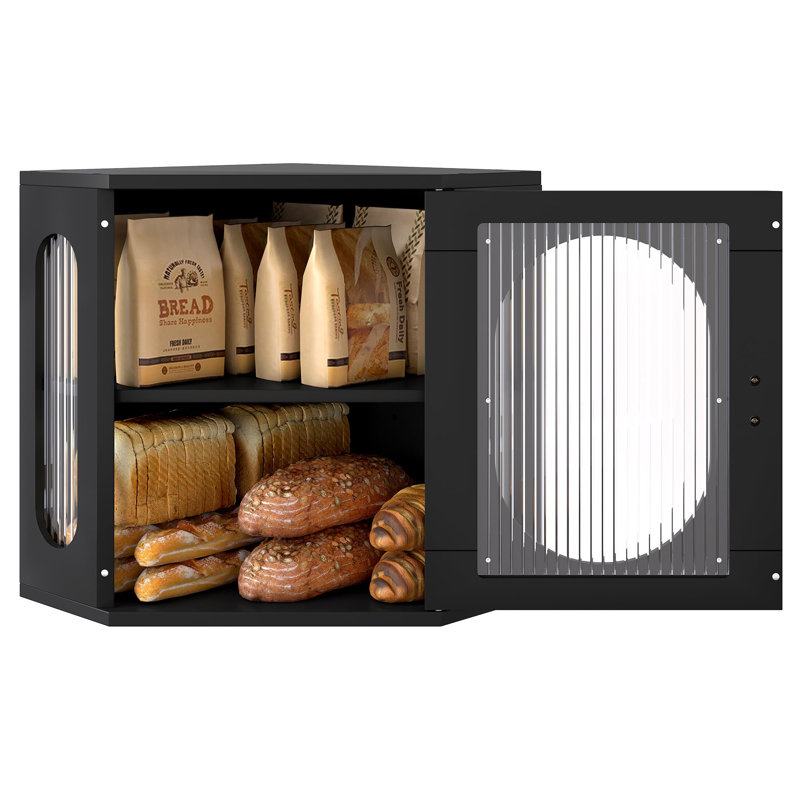 Corner Bread Storage Container Double Layer Wooden Breadbox Homemade Bread Loaf Bin Farmhouse Coffee Bar Pantry Shelf With Acrylic Window, Black