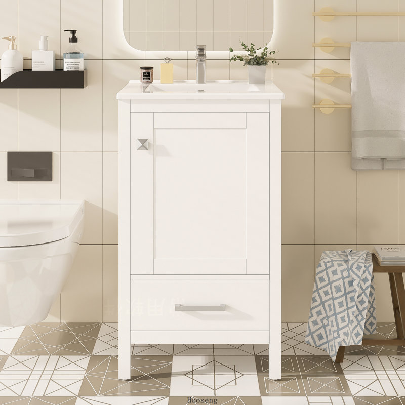 Meuble-lavabo moderne de 50 cm (20 pouces) avec lavabo en céramique, tiroir et porte à fermeture amortie, organisateur de porte à double compartiment et pieds réglables.