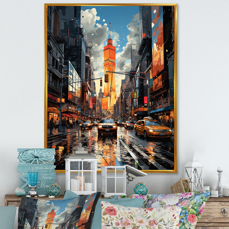 Collage sur toile jaune et gris de New York, H 20 po x l 12 po x P 1 po, Cadre flottant doré