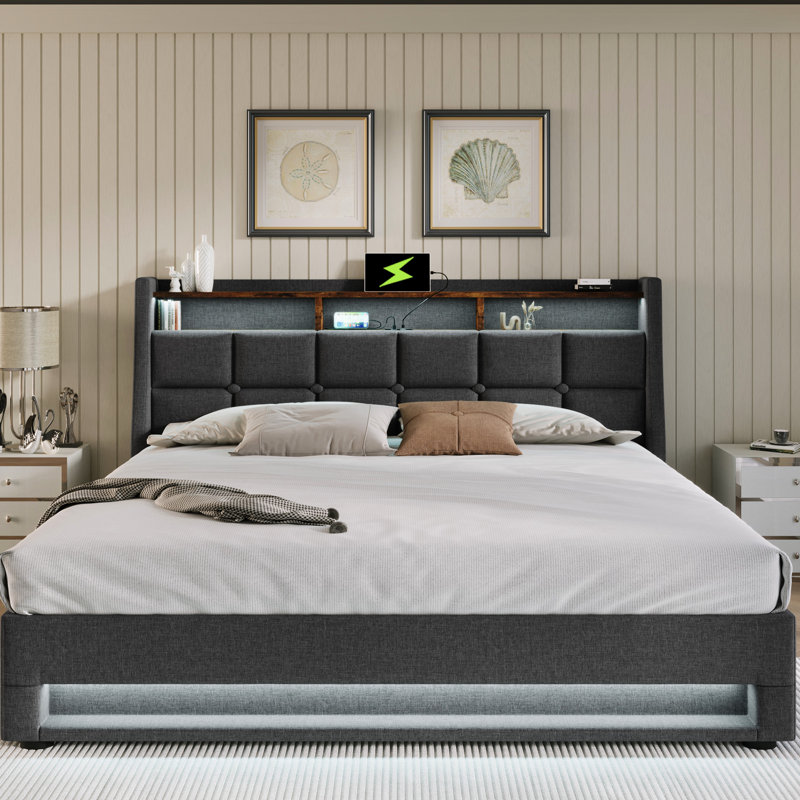 Upholstered Queen Bed In Grey With Led, - Hydraulic Storage Sized Upholstery, Led & Port, Grey, Queen