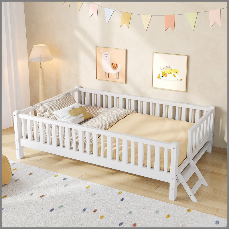 Lit plateforme en bois avec garde-corps, blanc, White
