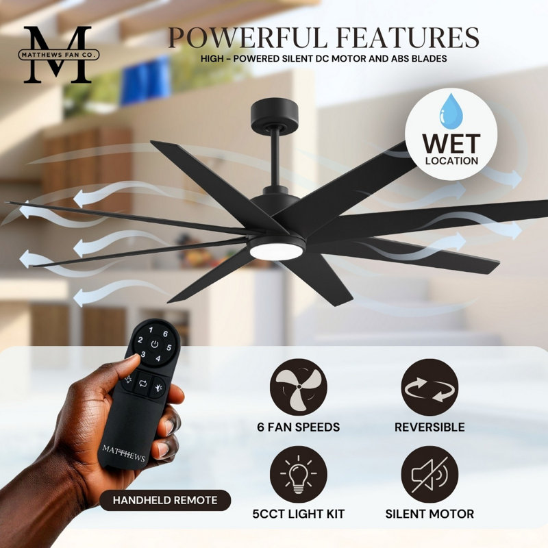 Ariella - Eight Blade Ceiling Fan - Integrated LED - Matte Black Finish - Matte White Blades, Matte Black, Matte Black