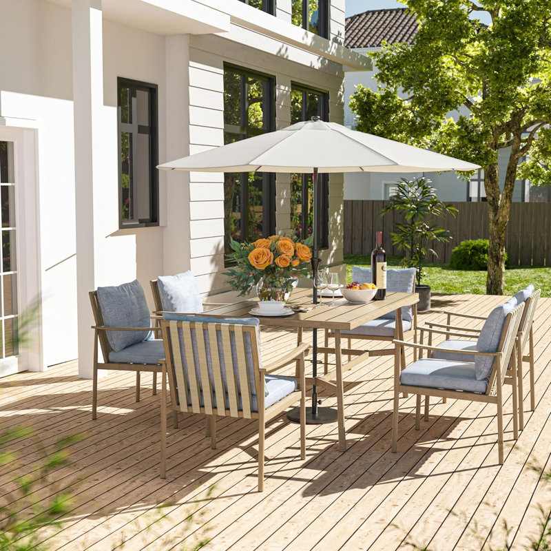 Ensemble de salle à manger d'extérieur 7 pièces pour 6 personnes, table de patio rectangulaire en aluminium avec trou pour parasol