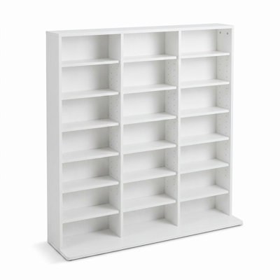 Tour multimédia blanche à 7 niveaux, meuble de rangement CD/DVD à 21 compartiments, étagères réglables et trousse antibasculement, blanche
