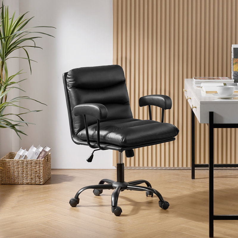 Kaynath Modern 25" W Faux Leather Office Chair with Lumbar Support, Black