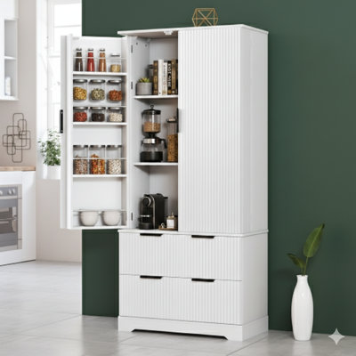 Armoire de cuisine contemporaine cannelée de 72 pouces avec deux grands tiroirs et un support à épices à huit portes, organisateur de rangement autonome pour la salle de bain, la salle à manger, le bureau et le vestibule, en blanc
