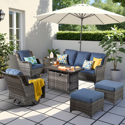 7 Piece Outdoor Wicker Swivel Rocking Chairs With Rectangle Propane Fire Pit Table, Patio Furniture Set, All Weather High Back Sofa Set