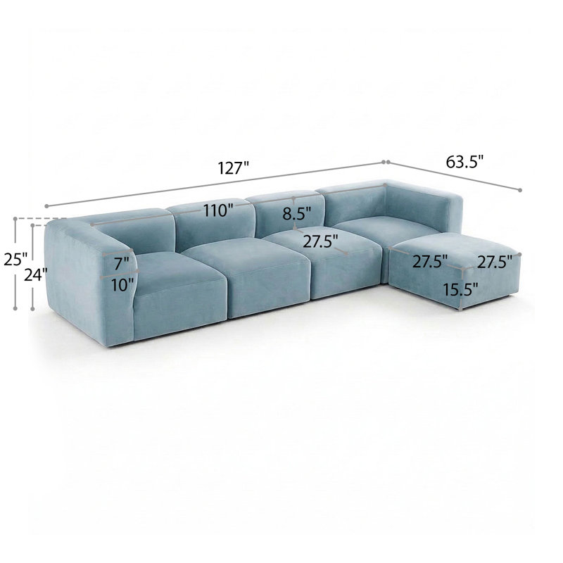 Canapé d'angle modulaire en velours performant en forme de L avec méridienne réversible, assise profonde pour salon