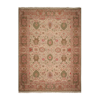 Tapis oriental beige / rosé / vert en laine noué à la main 10 pi 3 po x 13 pi 9 po Oriental