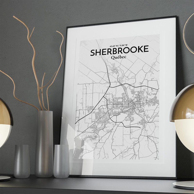 Sherbrooke, carte de la ville, impression, H 36 po x l 24 po, Gris / blanc