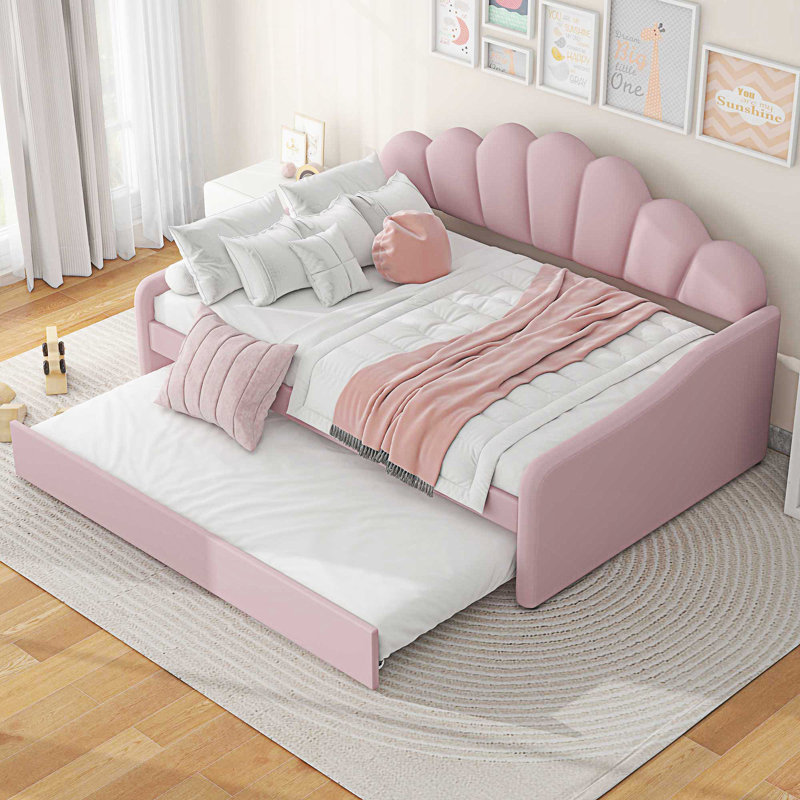 Full Size Upholstery Daybed Frame With Shall Shaped Backrest And Trundle, Day Bed, Pink
