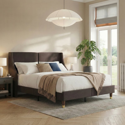 Melaya Elegant Wingback Upholstered Platform Bed Frame – Luxurious Design with Gold Piping, Sturdy Support, and Easy Assembly in Full & Queen Sizes