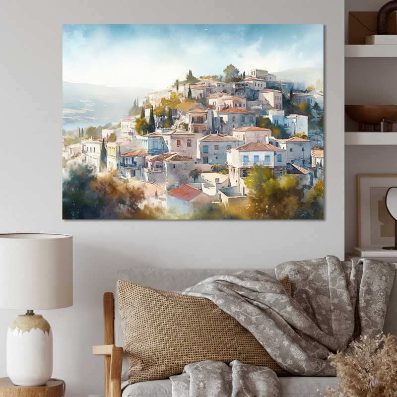 «White and Green Small Town In Grèce», reproduction sur toile encadrée, Toile tendue, H 16 po x l 32 po x P 1 po
