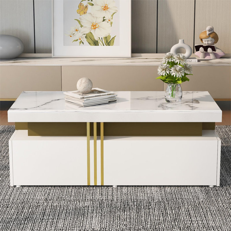 Black MDF Coffee Table With PVC Pattern Top 2 Drawers 100*50*40Cm, White/Gold