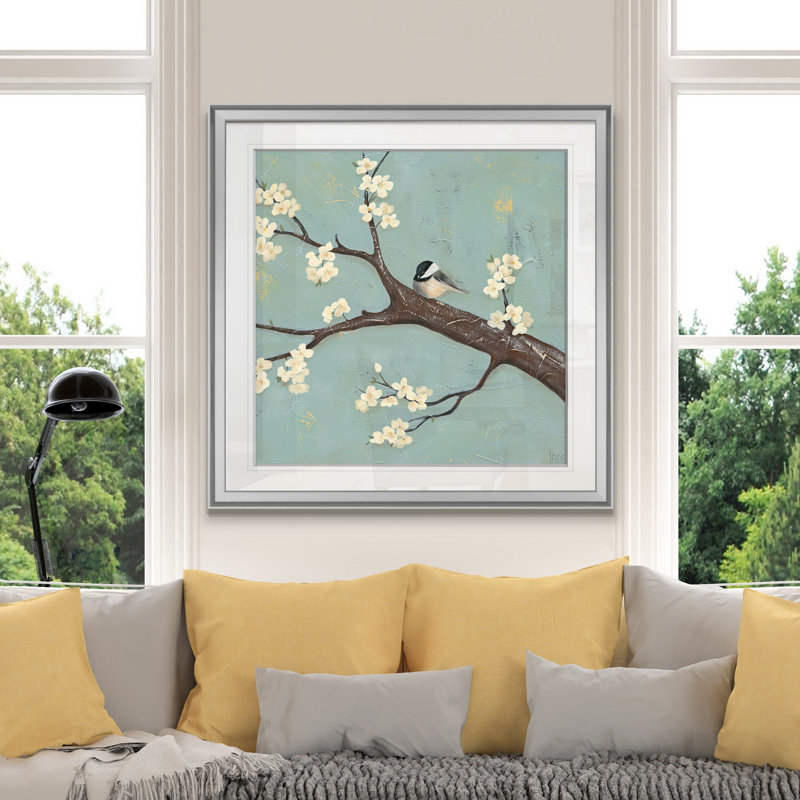 « chickadee & dogwood ii », peinture, H 16 po x l 16 po x P 1,5 po, Encadrement argenté