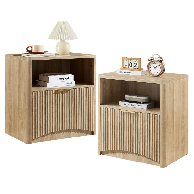 Mid Century Modern Nightstand With Drawers, Wood Fluted Bedside Table With Storage(Set of 2), Set of 2, Walnut