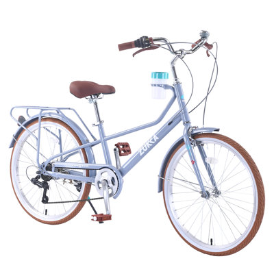 24-Inch Women's Step-Through Cruiser Bike with 6-Speed Gears, Rear Rack, and Cup Holder - Blue Steel Frame City Commuter Bicycle