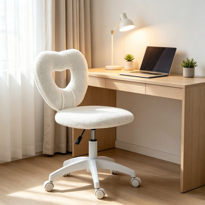 Chaise de bureau blanche en forme de cœur en molleton en forme de cœur, chaise de bureau pivotante et roulante réglable avec roulettes pour bureau à domicile, coiffeuse et chambre à coucher