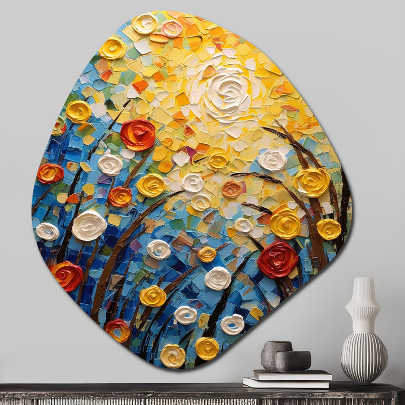 Été fleur champ de coquelicots et renoncules I - forme de nébuleuse de fleurs, art mural en métal asymétrique