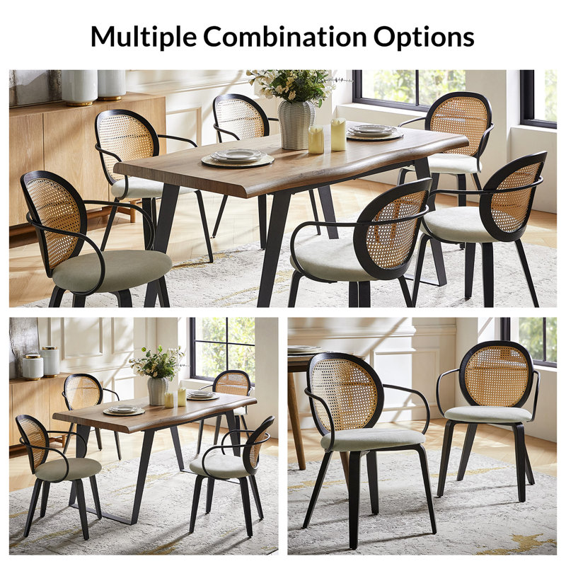 Dionisio 19.5W Mid-Century Modern Rattan Accents Dinning Chair With Solid Wood Legs Set Of 2, Ivory