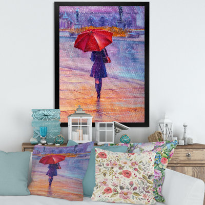 " Woman Walking with Red Umbrella Under the Rain " Color Photography Painting