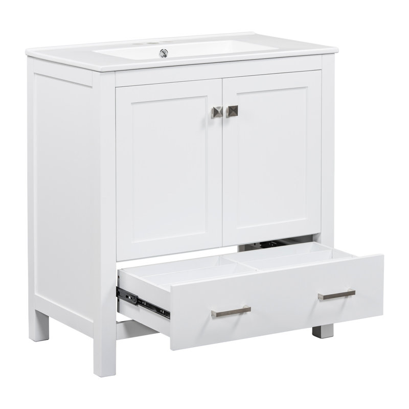 30" White Bathroom Vanity, Solid Wood + Cabinet, Single Undermount Sink, 2 Doors And 1 Drawer, Elegant Storage Option Unit, Sink Construction, For A Relaxing Area