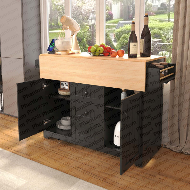 Grand îlot de cuisine 55,7 po avec 2 abattants K&K, chariot de cuisine roulant sur 5 roulettes avec prise de courant, table de salle à manger pliante avec porte-épices et porte-serviettes, 3 tiroirs, pour la cuisine, la salle à manger, noir