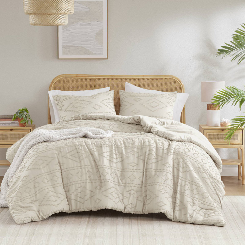 Gigi Clipped Jacquard Tufted Comforter Set, Beige, Full / Double Comforter + 2 Standard Shams