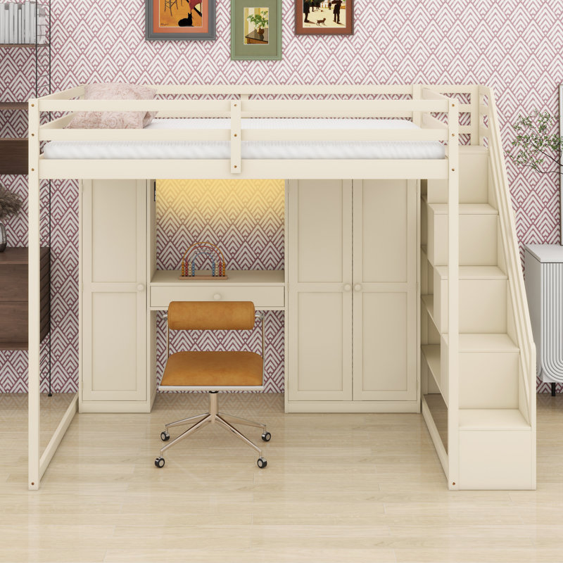 Multifunctional Loft Bed Featuring Built-In Stair Storage, Vanity Desk, Wardrobe, USB Ports & LED Lights, Beige