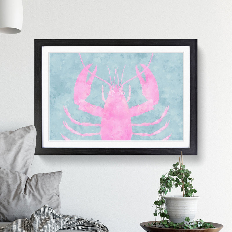 Pink And Duck Egg Blue Lobster - Single Picture Frame Print, 62cm H x 87cm W x 2cm D, Black