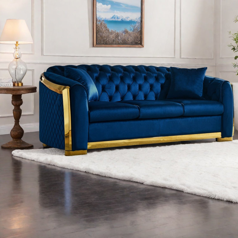 Canapé luxueux 2 pièces de luxe, salon moderne en acier de velours bleu marine de 81 pouces