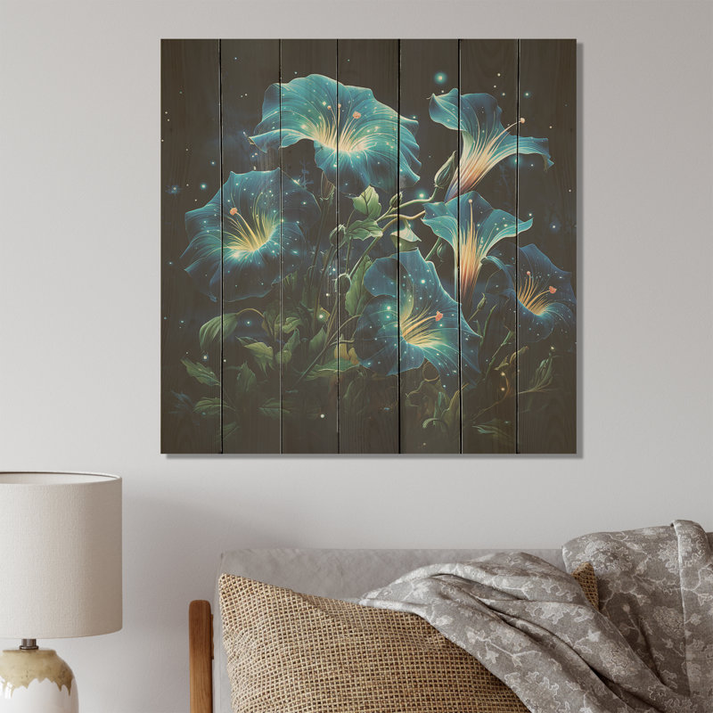 Starry Night Morning Glory Flower III - Morning Glory sur impression sur bois, H 15 po x l 15 po