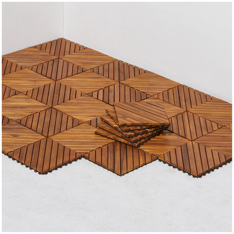 Carreau de terrasse à 12 lattes en acacia emboîtables (ensemble de 10 tuiles)